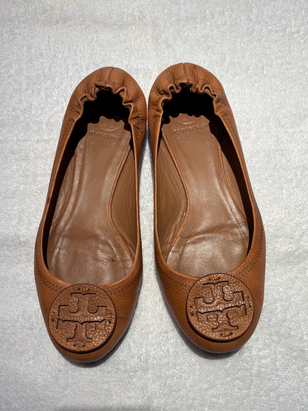 Tory Burch Cognac Leather Logo Ballet Flats